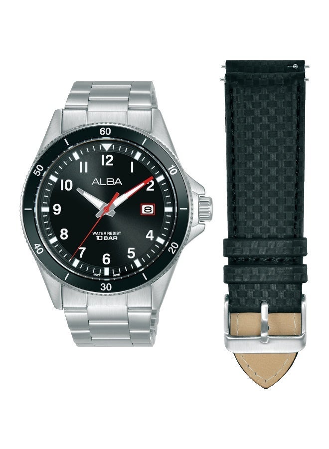 Alba Active Men’s Watch AS9V41X2, 42.5 mm Black Dial, Stainless Steel Case & Bracelet, Extra Black PU Strap,100 m WR - Image 5