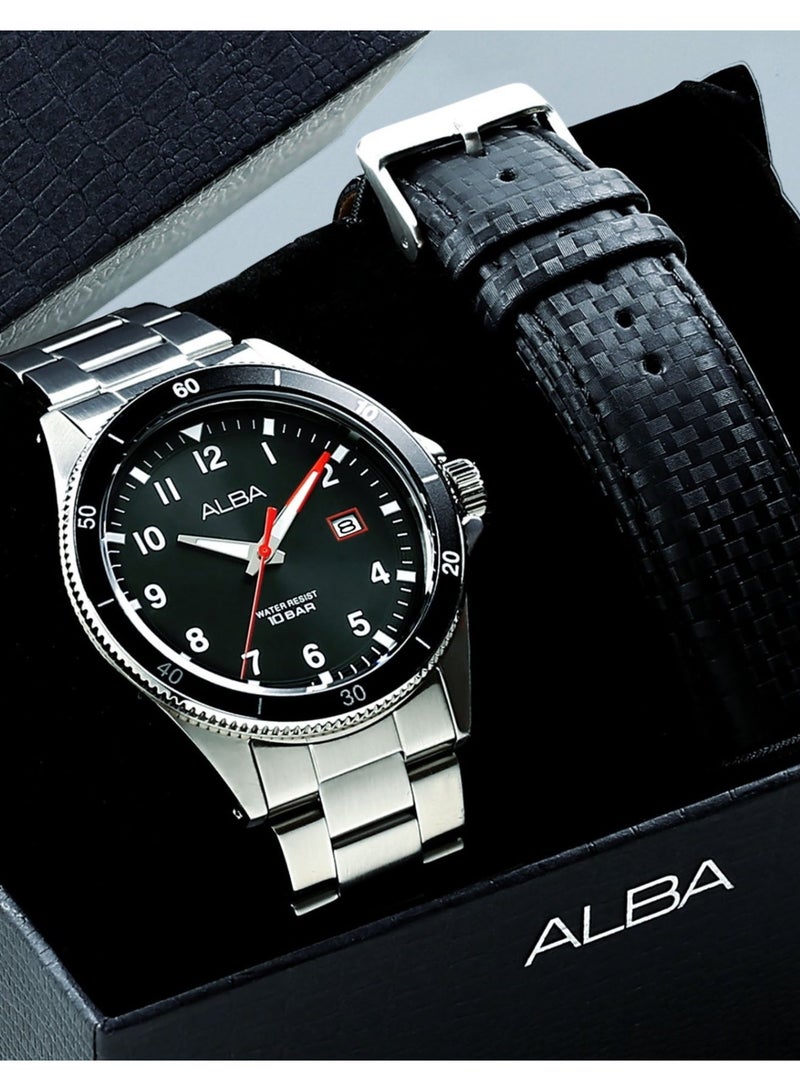 Alba Active Men’s Watch AS9V41X2, 42.5 mm Black Dial, Stainless Steel Case & Bracelet, Extra Black PU Strap,100 m WR - Image 1
