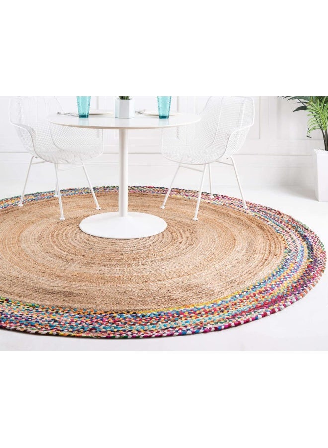 HANDPICKED FURNITURE Jute Wool And Cotton Multicoloured Round Carpet Ultra Soft Area Carpets For Bed Room Living Room And Dining Room Anti-Slip Floor Carpets Easy To Clean Made In Turkey 150X150Cm - Image 1