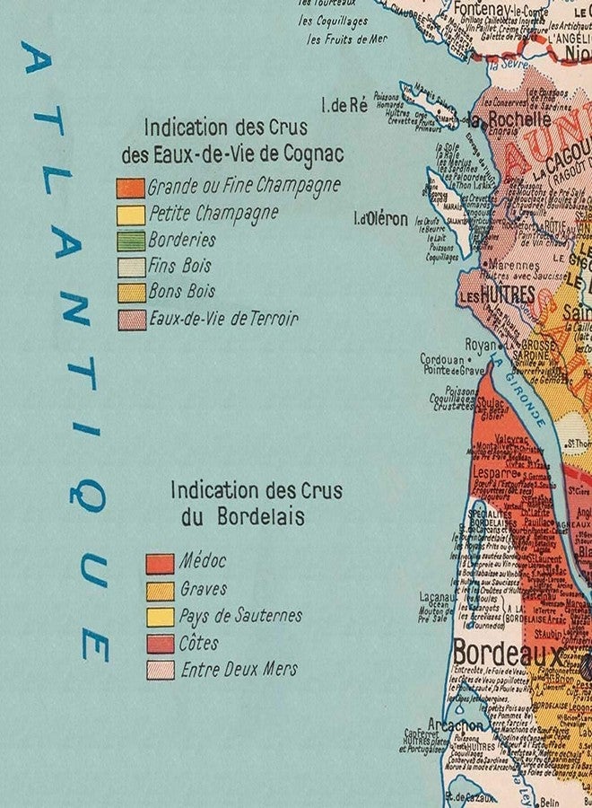 Antiguos Maps Gourmet France، الطعام والنبيذ الفرنسي - Gastronomique et Vinicole de la France par A. Bourguignon حوالي عام 1932 | ديكور حائط عتيق | ملصق طباعة فنية - Image 5