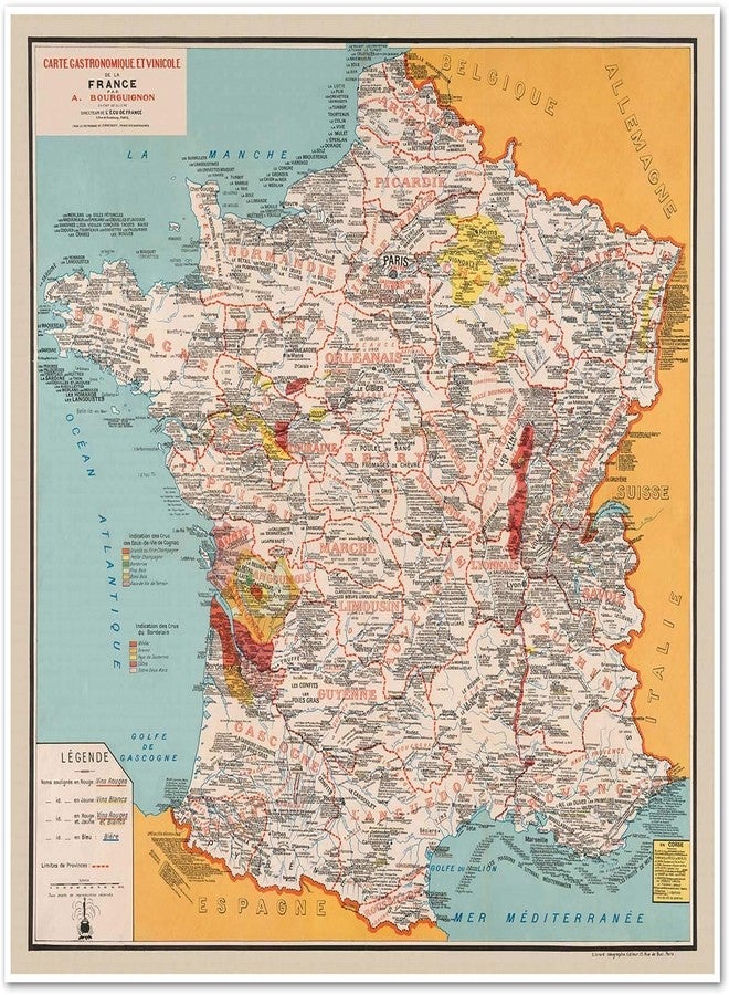 Antiguos Maps Gourmet France، الطعام والنبيذ الفرنسي - Gastronomique et Vinicole de la France par A. Bourguignon حوالي عام 1932 | ديكور حائط عتيق | ملصق طباعة فنية - Image 1