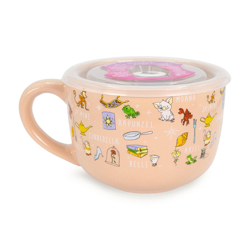 Disney Princess Ceramic Soup Mug with Vented Lid Bowl For Ice Cream Cereal Oatmeal Large Coffee Cup For Espresso Caffeine Beverage Cute Home Kitchen Decor Essentials Holds 24 Ounces