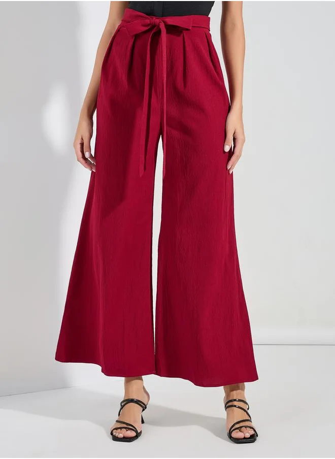 Styli Solid Wide Leg Pants with Tie-Up Belt