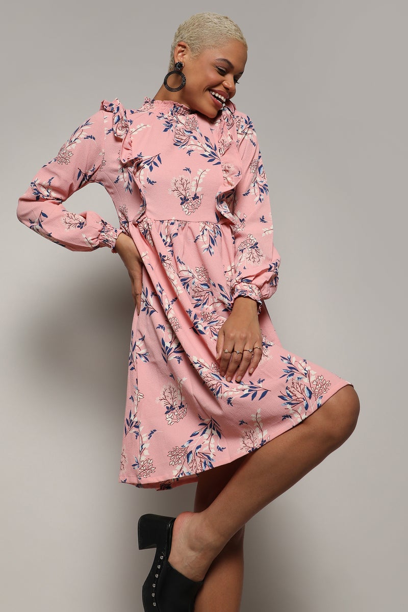 PINACOLADA Women's Baby Pink Foliage Ruffle Dress - Image 1