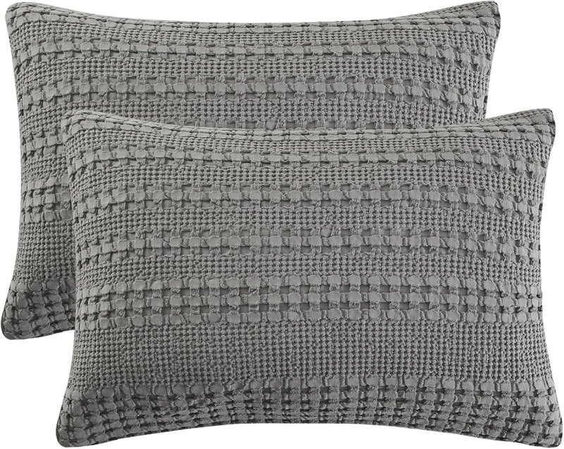 PHF 100% Cotton Waffle Pillow Shams Standard Size, 2 Pack 20" x 26" Soft Skin-Friendly Pillowcases, No Filling, Aesthetic Woven and Breathable Waffle Weave Pillow Case Covers for Bed, Dark Grey - Image 1