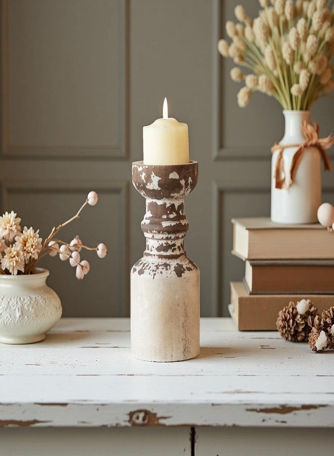 Sofe Rustic Candle Holder for Pillar Candle, White Distressed Farmhouse Wooden Pillar Candle Holders, Antique Candlestick Holder for Dining Table Centerpieces,Coffee Table Decor (4.5" x 4.5" x 9") - Image 1