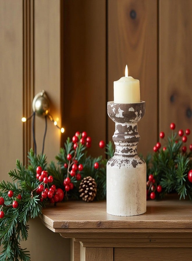 Sofe Rustic Candle Holder for Pillar Candle, White Distressed Farmhouse Wooden Pillar Candle Holders, Antique Candlestick Holder for Dining Table Centerpieces,Coffee Table Decor (4.5" x 4.5" x 9") - Image 2