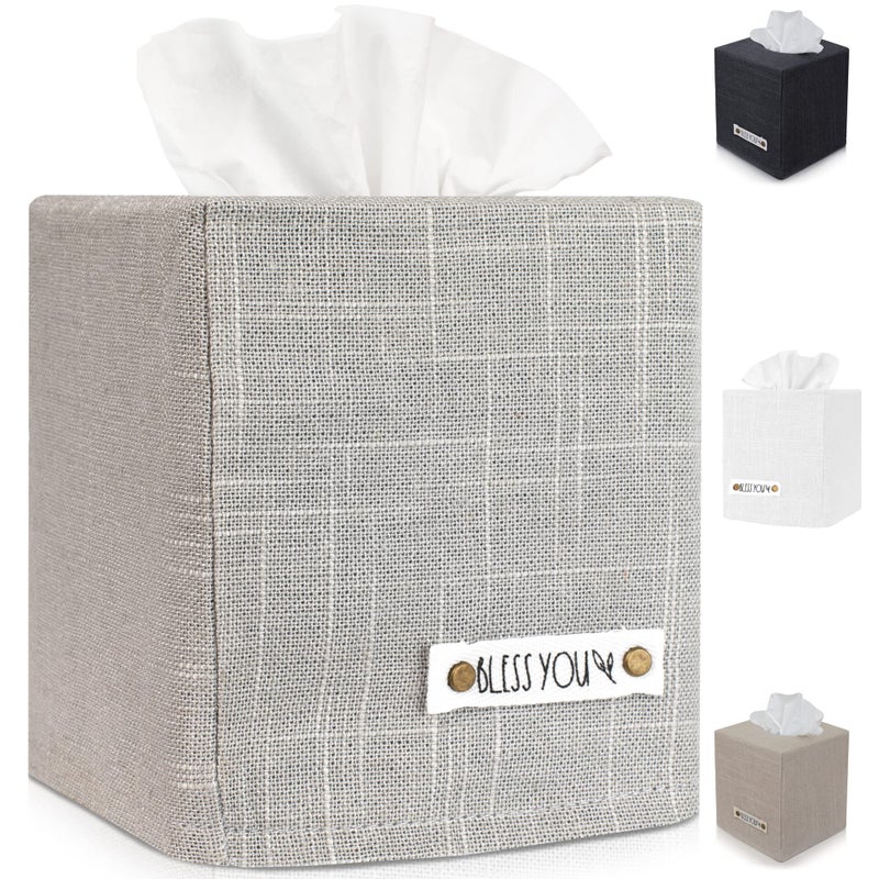 KIBAGA Stylish Tissue Box Cover - This Gray Linen Holder Instantly Covers Your Square Tissue Boxes - The Perfect Cube Cover for Your Bathroom and Home - Image 1