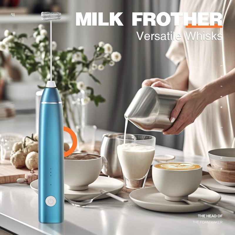 Laposso Milk Frother Rechargeable Handheld Electric Whisk Coffee Frother Mixer with 2 Stainless whisks 3 Speed Adjustable Foam Maker Blender for Coffee Matcha Latte Cappuccino Hot Chocolate（C-Blue） - Image 2