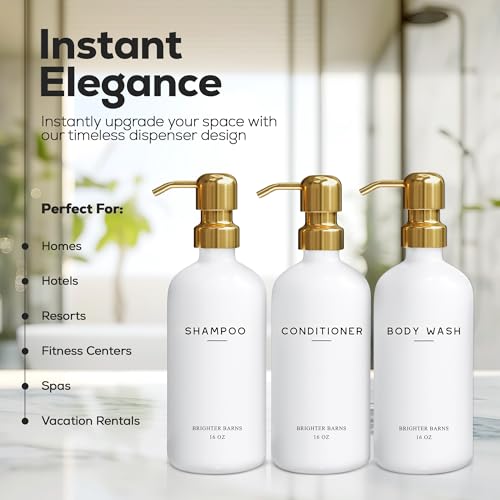 Brighter Barns Luxury Shampoo and Conditioner Dispenser Set by Brighter Barns - Shower Soap Dispenser - Shampoo Conditioner Body Wash Dispenser & Pump - White and Gold Bathroom Accessories in Spa, Hotel, Gift (Gold) - Image 2