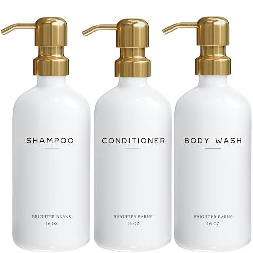 Brighter Barns Luxury Shampoo and Conditioner Dispenser Set by Brighter Barns - Shower Soap Dispenser - Shampoo Conditioner Body Wash Dispenser & Pump - White and Gold Bathroom Accessories in Spa, Hotel, Gift (Gold) - Image 1