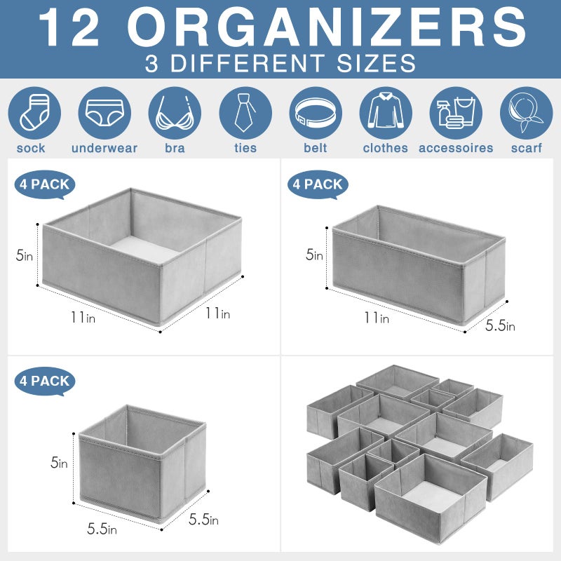 Criusia Drawer Organizer Clothes 12 Pack, Dresser Organizer for Nursery Bedroom Closet Organization and Storage - Baby Clothes Organizer Bins - Drawer Divider for Sock Underwear Bra Ties (Grey) - Image 3