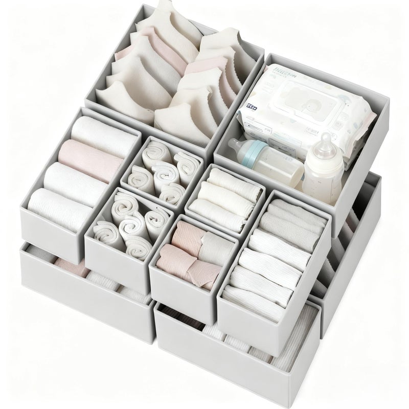 Criusia Drawer Organizer Clothes 12 Pack, Dresser Organizer for Nursery Bedroom Closet Organization and Storage - Baby Clothes Organizer Bins - Drawer Divider for Sock Underwear Bra Ties (Grey) - Image 1