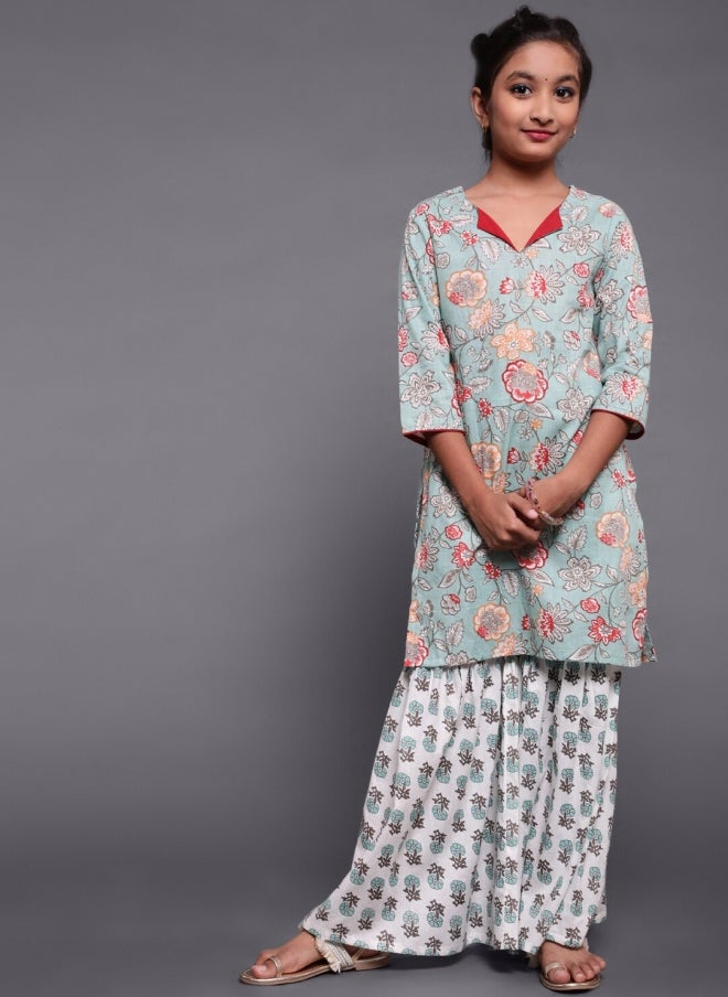 AKS Floral Printed Kurta and Sharara Set for Girls - Image 1