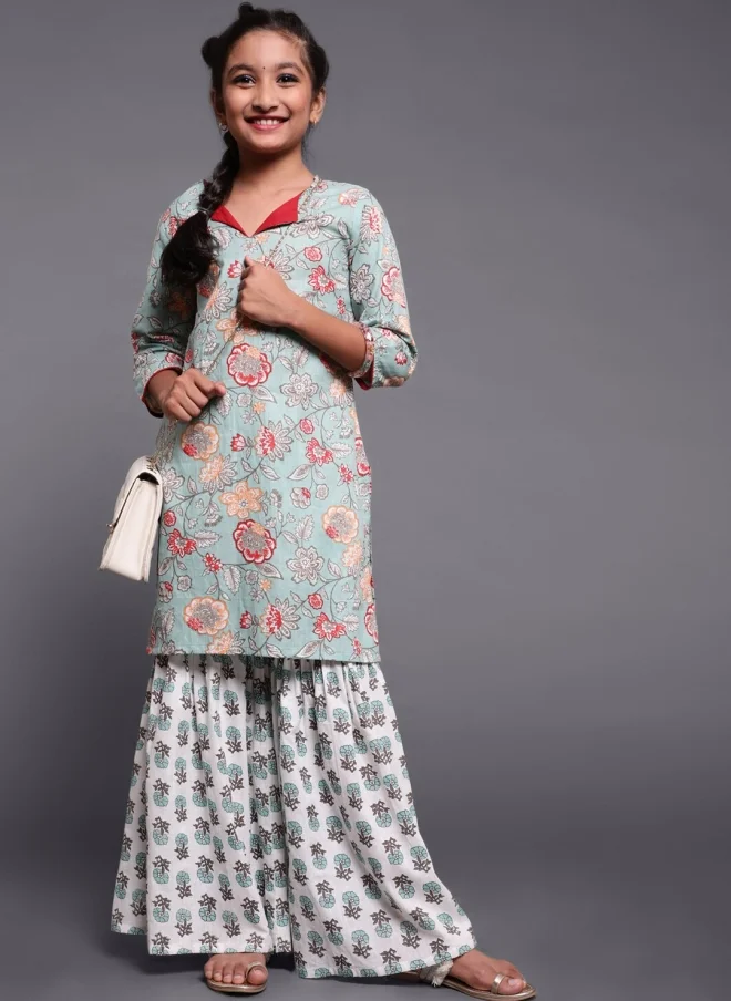 AKS Floral Printed Kurta and Sharara Set for Girls