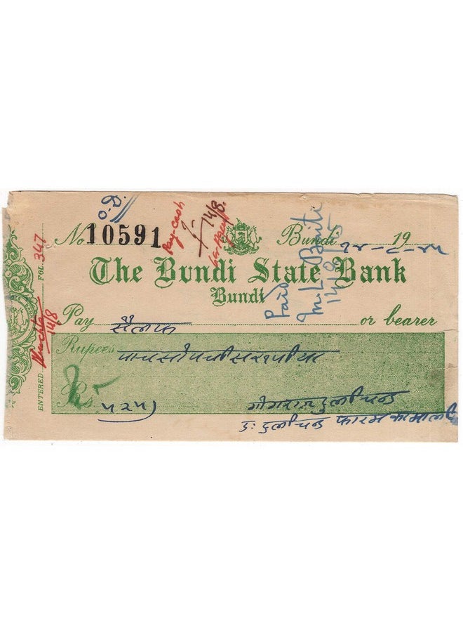 Mahaphilla Mahaphilla ~ Rare British India The Bundi State Bank Cancelled Cheque for Collection  - Image 2