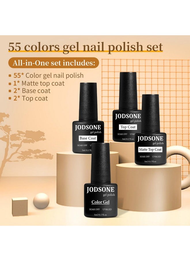JODSONE - JODSONE 60 PCS Gel Nail Polish Set with 5 Bottles of Base and Glossy Matte Top Coat Soak off Gel Nail Set Suitable for All Seasons Gel Polish Gifts - Image 1