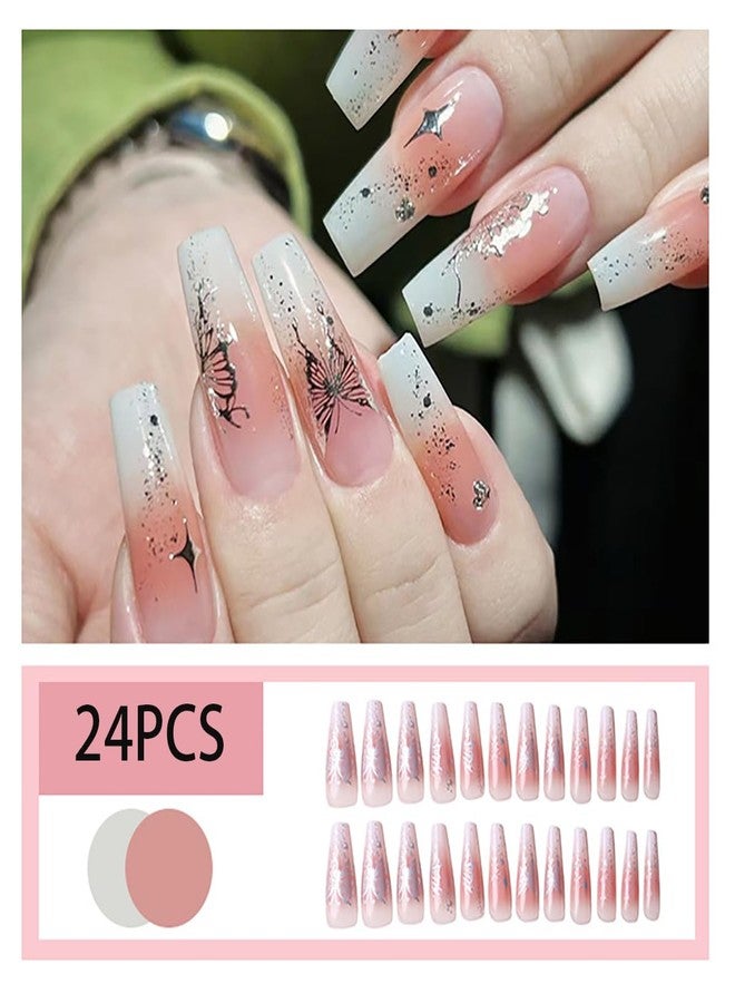 BYJKYEN Butterfly Stars Press on Nails Long Coffin -24Pcs Butterfly Stars Fake Nails Gradient Manicure Wearable Nails Glossy False Nail Tips Artificial on Nails for Women Girls Daily Wear Nails Accessories - Image 2