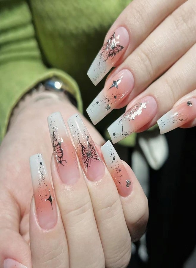 BYJKYEN Butterfly Stars Press on Nails Long Coffin -24Pcs Butterfly Stars Fake Nails Gradient Manicure Wearable Nails Glossy False Nail Tips Artificial on Nails for Women Girls Daily Wear Nails Accessories - Image 1