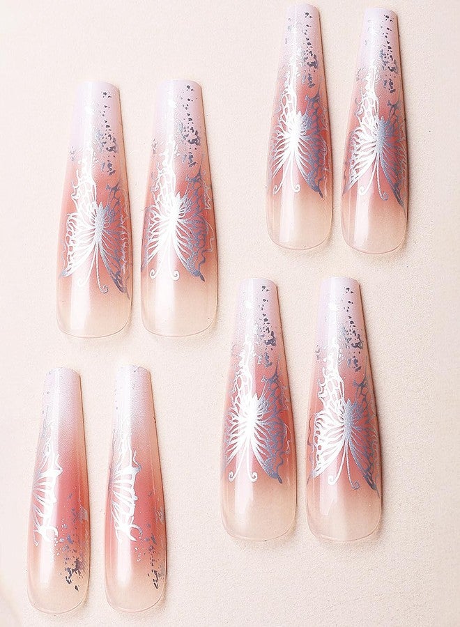 BYJKYEN Butterfly Stars Press on Nails Long Coffin -24Pcs Butterfly Stars Fake Nails Gradient Manicure Wearable Nails Glossy False Nail Tips Artificial on Nails for Women Girls Daily Wear Nails Accessories - Image 4
