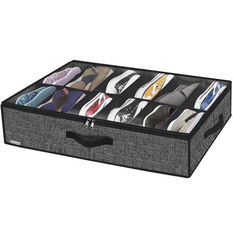 Onlyeasy Under Bed Shoe Storage Organizer with Sturdy Handles and Clear Window 1 Pack Fits 12 Pairs, Premium Foldable Underbed Shoes Container Box for Closet, Linen-like Black, MXAUBSB1P - Image 1
