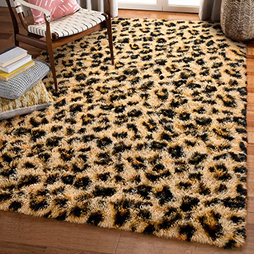 Amearea Fluffy Leopard Rug Premium Cheetah Print Rugs Soft Comfy Faux Fur Animal Print Carpet for Kids Room Bedroom Living Room Shaggy Teen Room Home Decor Khaki 3x5 Feet - Image 1