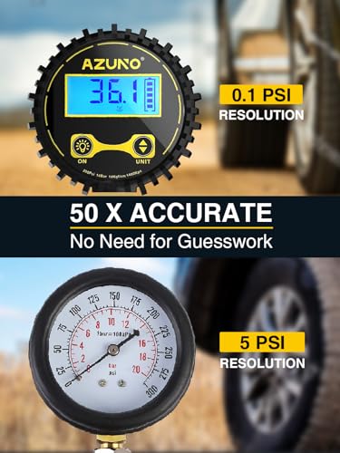 AZUNO Digital Tire Inflator with Pressure Gauge, 200 PSI (0.1 Res) w/LED Flashlight, Heavy Duty Air Compressor Accessories 7pcs Set, w/Lock on Air Dual Head Chuck and 90° Tire Valve - Image 3