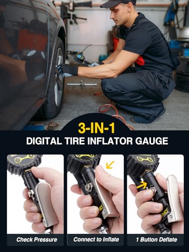 AZUNO Digital Tire Inflator with Pressure Gauge, 200 PSI (0.1 Res) w/LED Flashlight, Heavy Duty Air Compressor Accessories 7pcs Set, w/Lock on Air Dual Head Chuck and 90° Tire Valve - Image 4