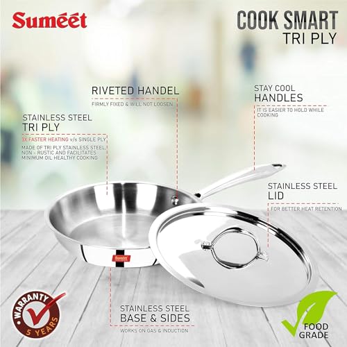 Sumeet Cook Smart TriPly Steel-Aluminium-Steel - 3 Layers Fry Pan with Lid - 1.9 LTR - 24Cm - Image 2