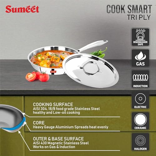 Sumeet Cook Smart TriPly Steel-Aluminium-Steel - 3 Layers Fry Pan with Lid - 1.9 LTR - 24Cm - Image 3