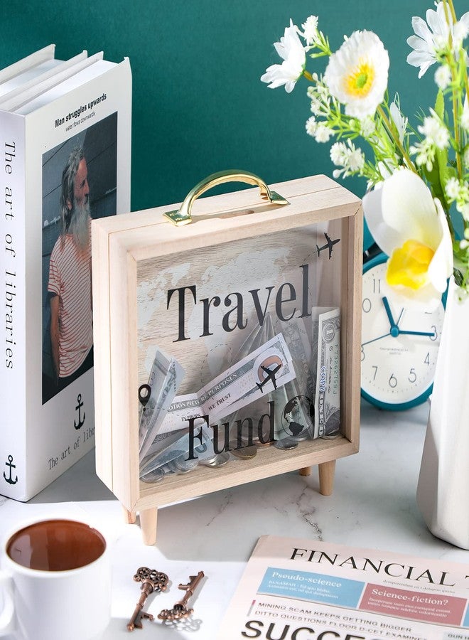 Vesici Travel Fund Box Vacation Decorative Savings Box Suitcase Wooden Money Coin Bank for Adults Vacation Wedding, 8 x 7.3 x 2.8 Inch(Travel Fund) - Image 3