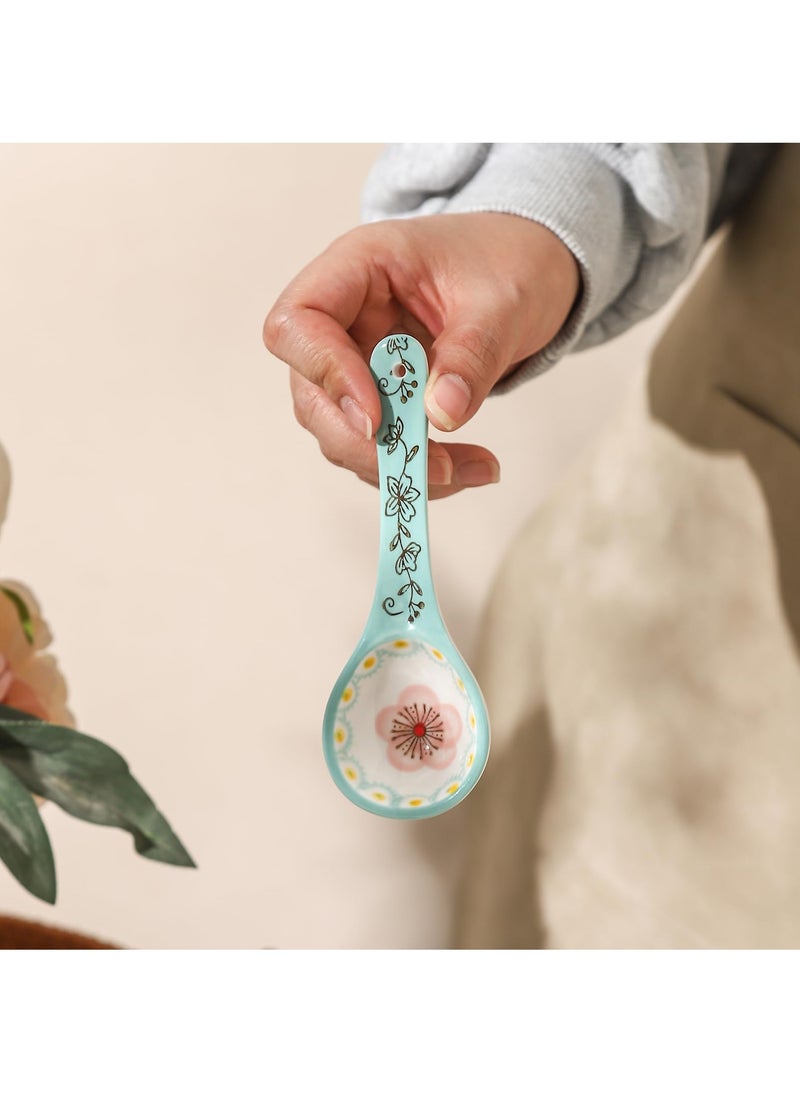 5 Pcs Flower Themed Spoons with Short Handle, 5.5 Inch Small Ceramic Spoons for Dessert/Sauce/Soup, Cute Serving Spoon Set, Colorful