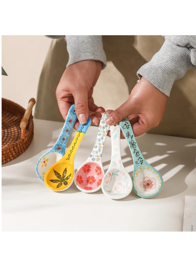5 Pcs Flower Themed Spoons with Short Handle, 5.5 Inch Small Ceramic Spoons for Dessert/Sauce/Soup, Cute Serving Spoon Set, Colorful