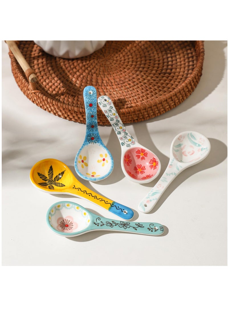 5 Pcs Flower Themed Spoons with Short Handle, 5.5 Inch Small Ceramic Spoons for Dessert/Sauce/Soup, Cute Serving Spoon Set, Colorful