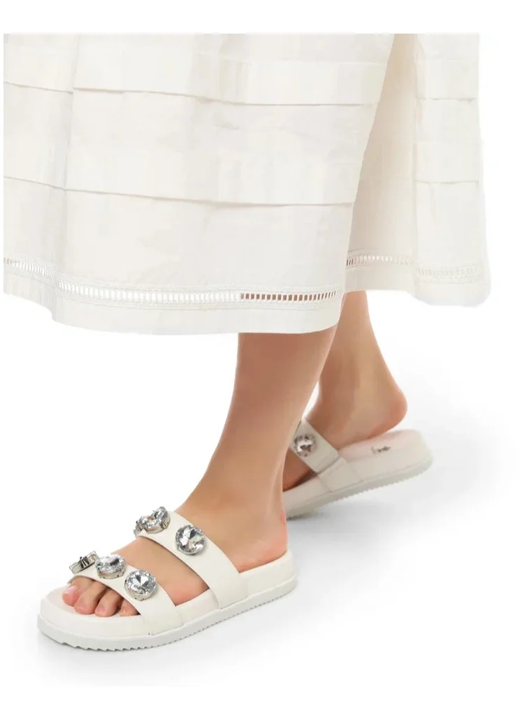 La Giostra Women's Leather Platform Slide Sandal Decorated With Rhinestones White