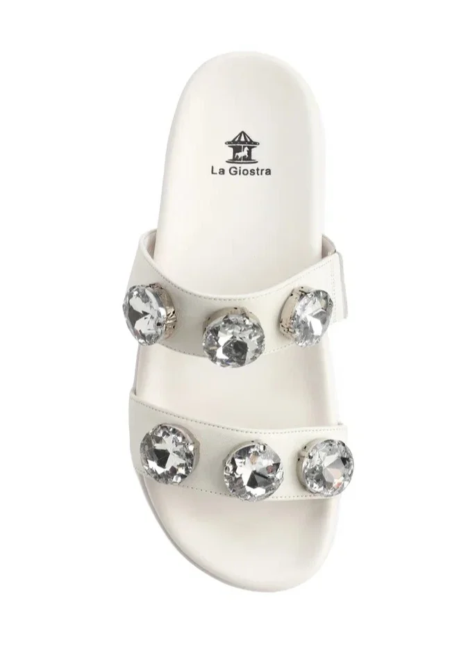 La Giostra Women's Leather Platform Slide Sandal Decorated With Rhinestones White