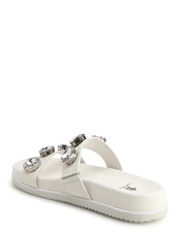 La Giostra Women's Leather Platform Slide Sandal Decorated With Rhinestones White