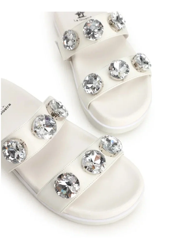 La Giostra Women's Leather Platform Slide Sandal Decorated With Rhinestones White