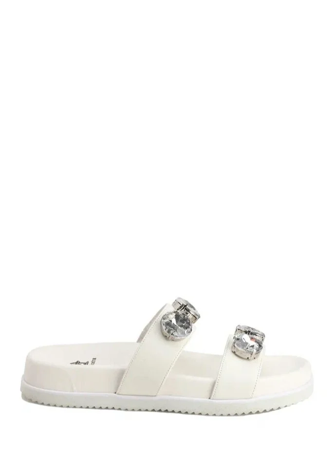 La Giostra Women's Leather Platform Slide Sandal Decorated With Rhinestones White
