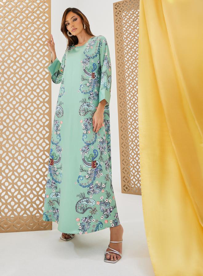 Styli Paisley Printed A-Line Jalabiya with Embellishment  - Image 2