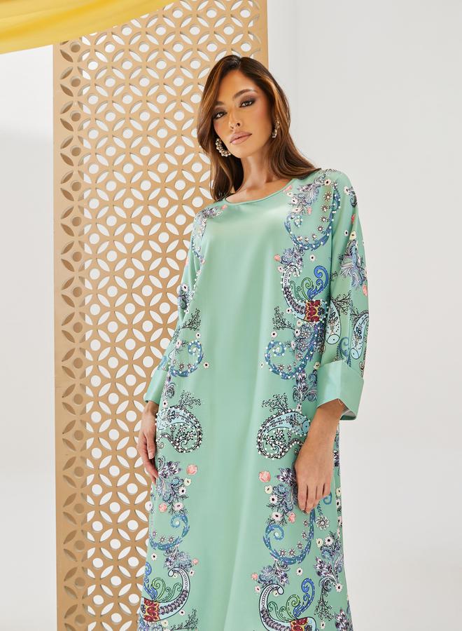 Styli Paisley Printed A-Line Jalabiya with Embellishment  - Image 3