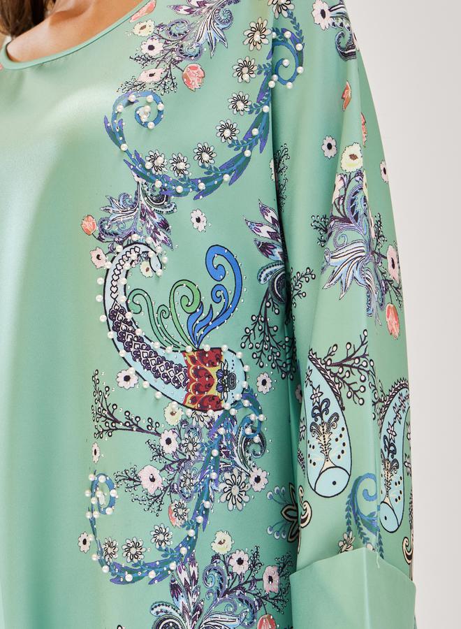 Styli Paisley Printed A-Line Jalabiya with Embellishment  - Image 4