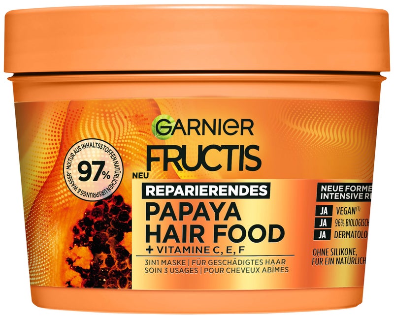 Garnier Papaya 3-in-1 Hair Mask for Damaged Hair, Leave In for Intensive Care and Softness, Vegan Formula with Natural Ingredients, Fructis Hair Food, 1 x 400 ml