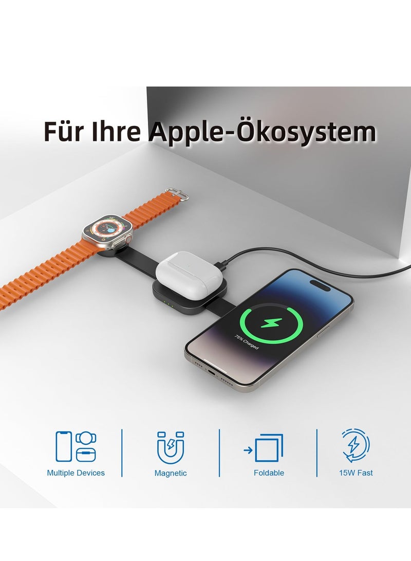 إكسفور حامل شحن لاسلكي 3 في 1، شاحن مغناطيسي سريع الطي بقدرة 15 وات لسلسلة iPhone 15/14/13/12، وساعة Apple، وشاحن قابل للطي للحمل في الهواء الطلق - Image 2