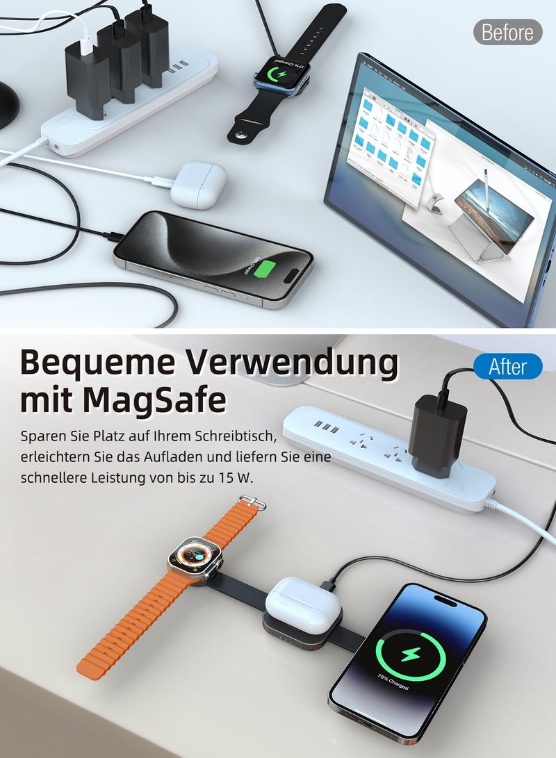 إكسفور حامل شحن لاسلكي 3 في 1، شاحن مغناطيسي سريع الطي بقدرة 15 وات لسلسلة iPhone 15/14/13/12، وساعة Apple، وشاحن قابل للطي للحمل في الهواء الطلق - Image 4