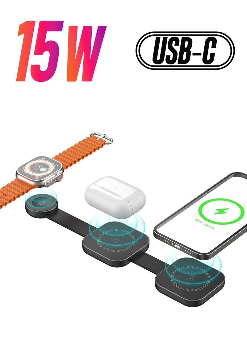 إكسفور حامل شحن لاسلكي 3 في 1، شاحن مغناطيسي سريع الطي بقدرة 15 وات لسلسلة iPhone 15/14/13/12، وساعة Apple، وشاحن قابل للطي للحمل في الهواء الطلق - Image 1