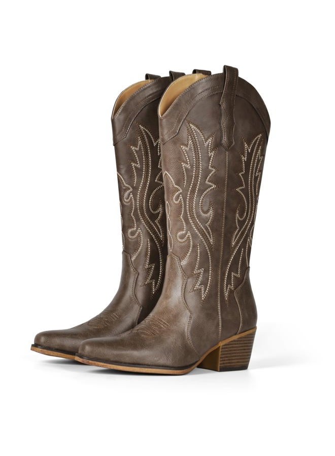 IUV Cowboy Boots For Women Western Cowgirl Boots with Chunky Heel Mid Calf Snip Toe Ideal for low insteps, Ebony, 8 Wide - Image 1