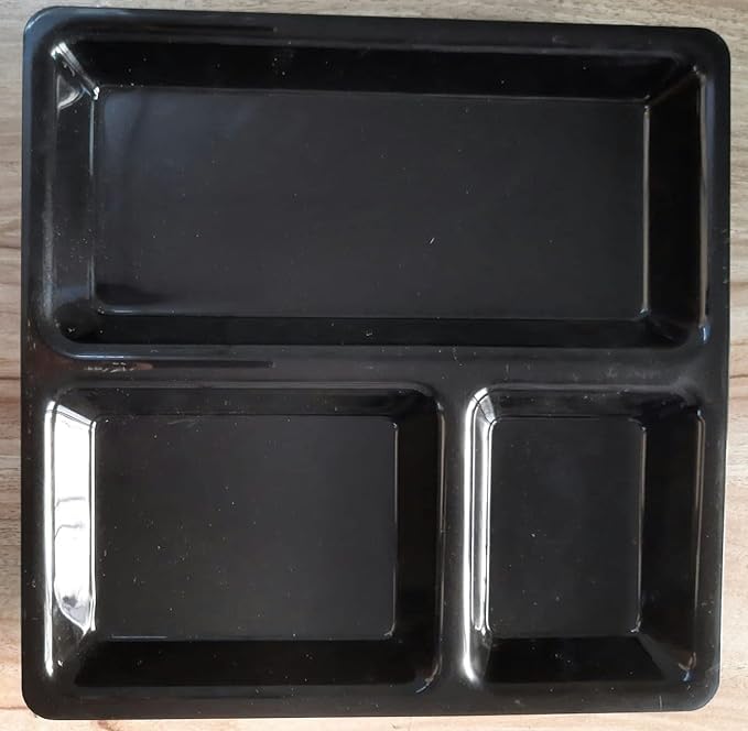 Coolkart Toxic Free Stain Resistance Plastic Square Sectioned Plates Pav Bhaji Plates Snacks Plates Set 9x9 inches Black Pack of 3 Microwave Safe - Image 4
