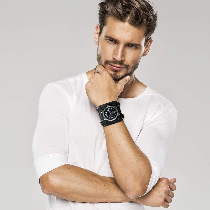 Lancardo Mens Steampunk Retro Genuine Leather Replaceable Watch Military Japan Quartz Hip-hop Gothic Wide Bracelet Cuff Big Black Dial Sport Wrist Watches - Image 3