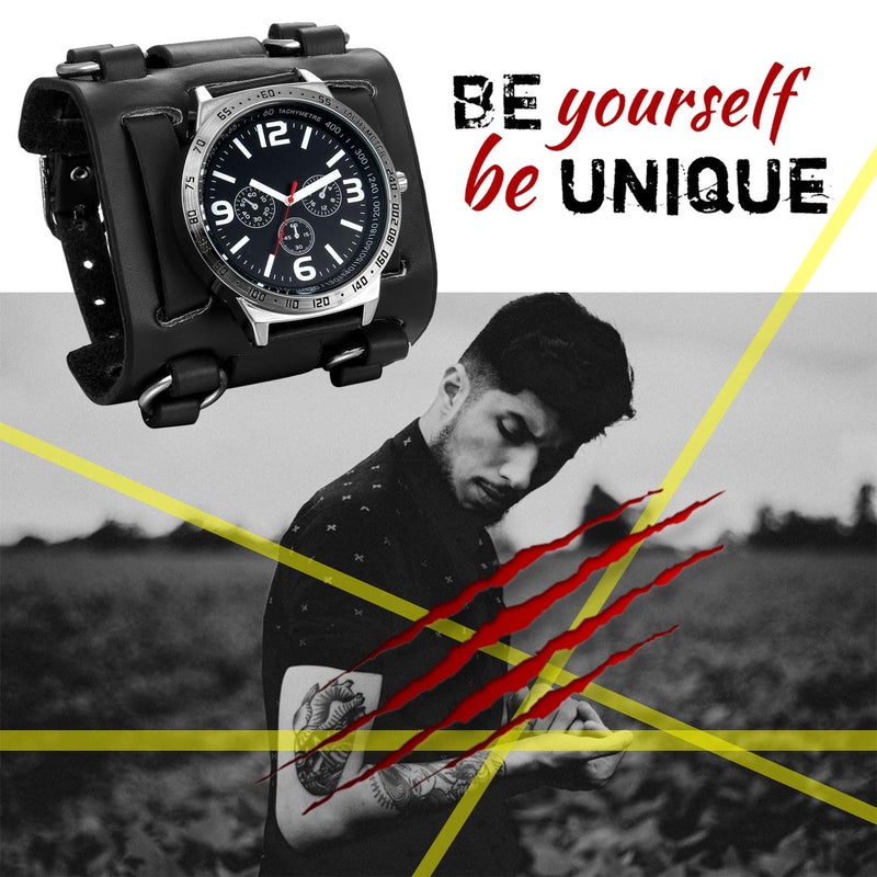 Lancardo Mens Steampunk Retro Genuine Leather Replaceable Watch Military Japan Quartz Hip-hop Gothic Wide Bracelet Cuff Big Black Dial Sport Wrist Watches - Image 4